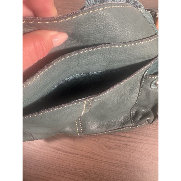 Fossil Green Leather & Orange suede crossbody bag. VTG boho fossil flap bag - Picture 5 of 14